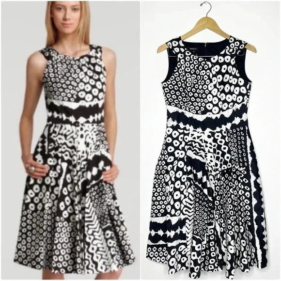 Lafayette 148 Geometric Print Black White Pleated A-Line Midi Dress Size 8 - Picture 1 of 7